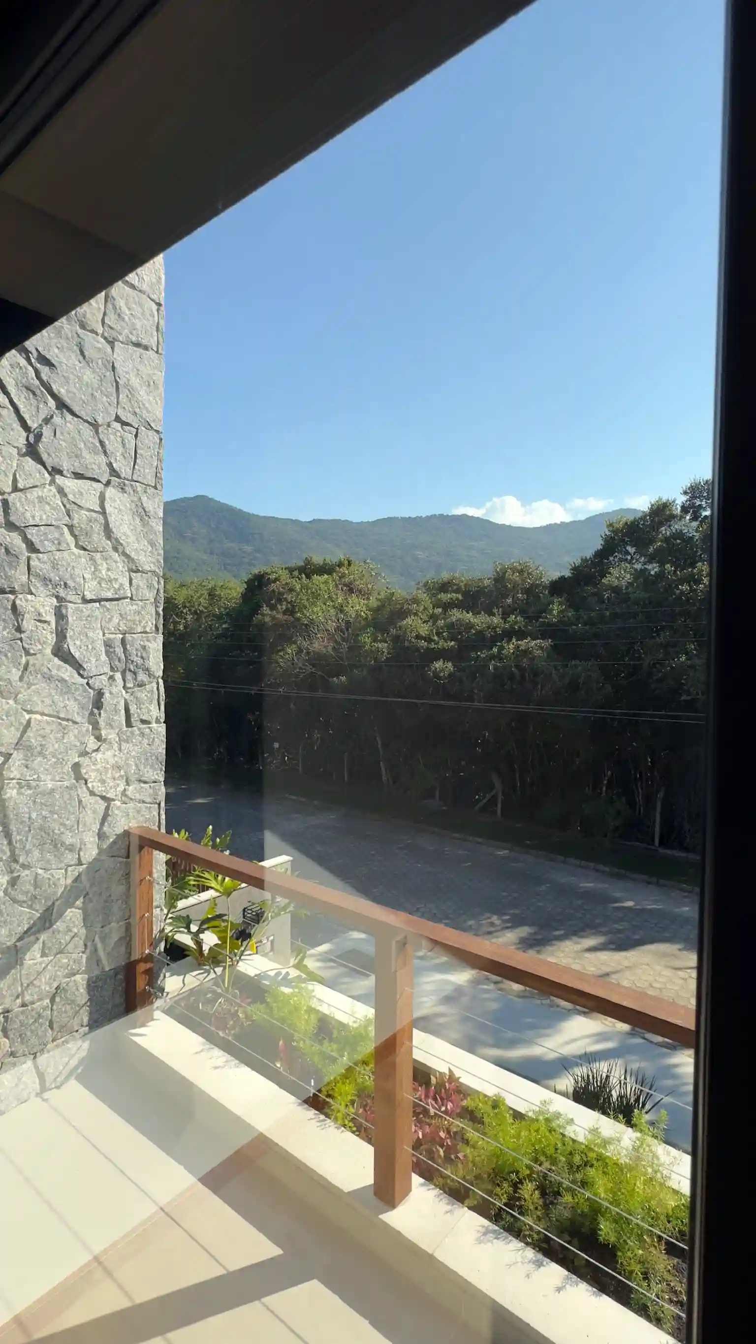 Timber and glass balcony looking across roadside trees to the green mountain ridge